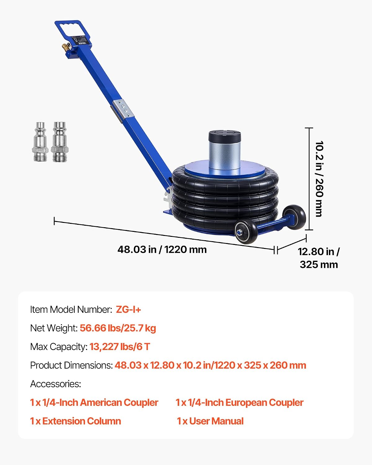 VEVOR Air Jack, 6 Ton/13227 lbs Airbag Jack, Lift Up to 26.5 inch with Heightened Column, Adjustable Handle & Thick Rubber Pad, 2-5 s Fast Lifting Pneumatic for Car, SUV, Pickup Truck Repair, Garage