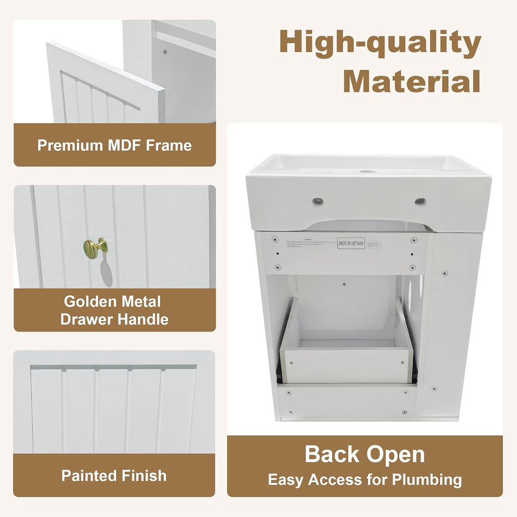 20-inch Bathroom Vanity with Sink Combo, Wall-Mounted Single Storage Cabinet with One Drawer& Left 2-Tier Storage Shelves, Wooden Vanity with Ceramic Basin for Bathroom, White