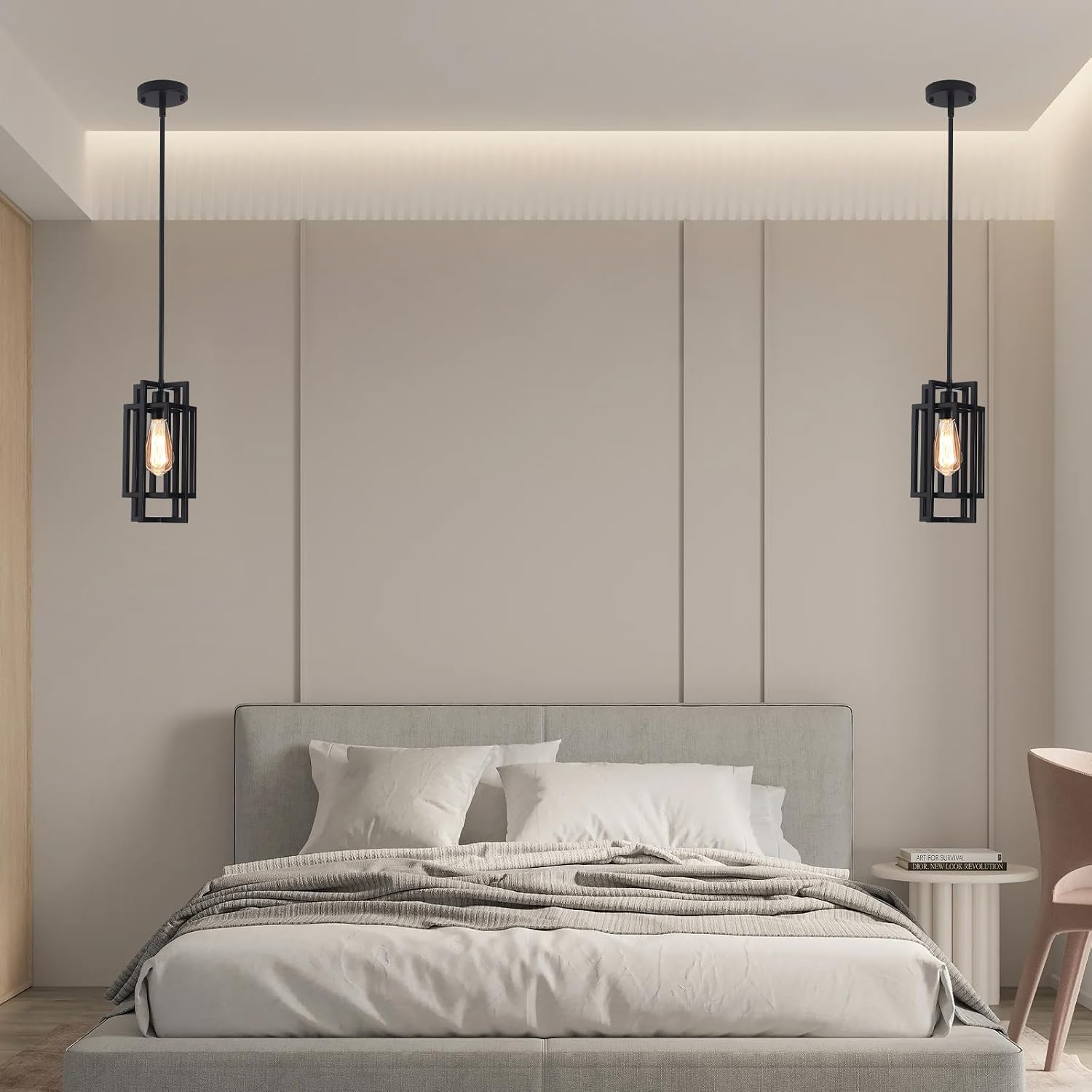 Farmhouse Pendant Light Fixtures 2 Pack 1 Light, Cage Black Finish Modern Pendant Lights with Max 59'' Adjustable, Small Square Pendant Ceiling Hanging Light for Kitchen Island Dining Room Entryway