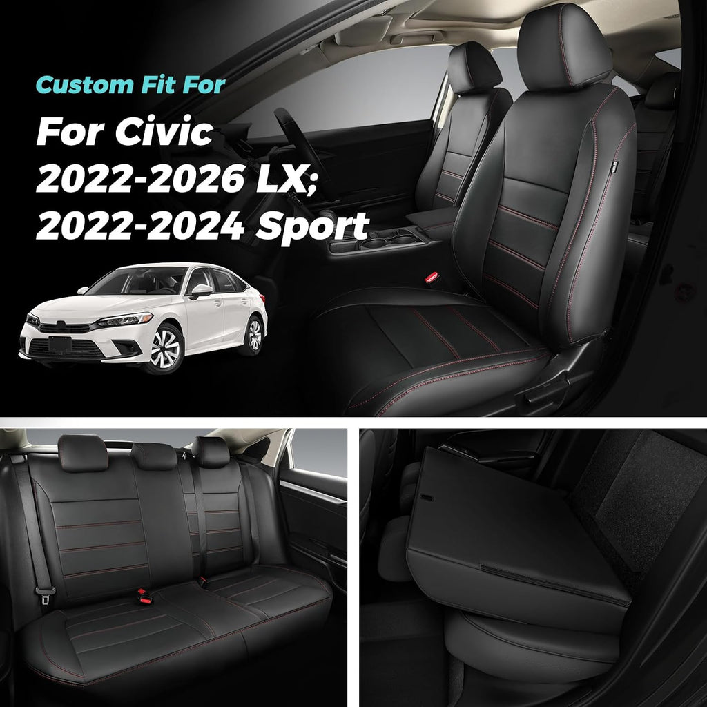 Seat Covers for Honda Civic Sedan Sport 2022 2023 2024 & LX 2022-2026, Custom Faux Leather Car Seats Cover Full Set Waterproof - Black Red Line (Solid Rear Seatback - NO Rear Armrest)
