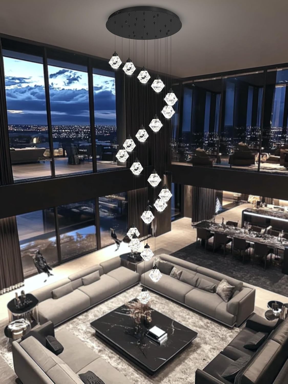 H142 Large Modern Black Crystal Chandelier, 26-Light High Ceiling Pendant Light Fixture for Staircase, Living Room, Foyer, Entryway
