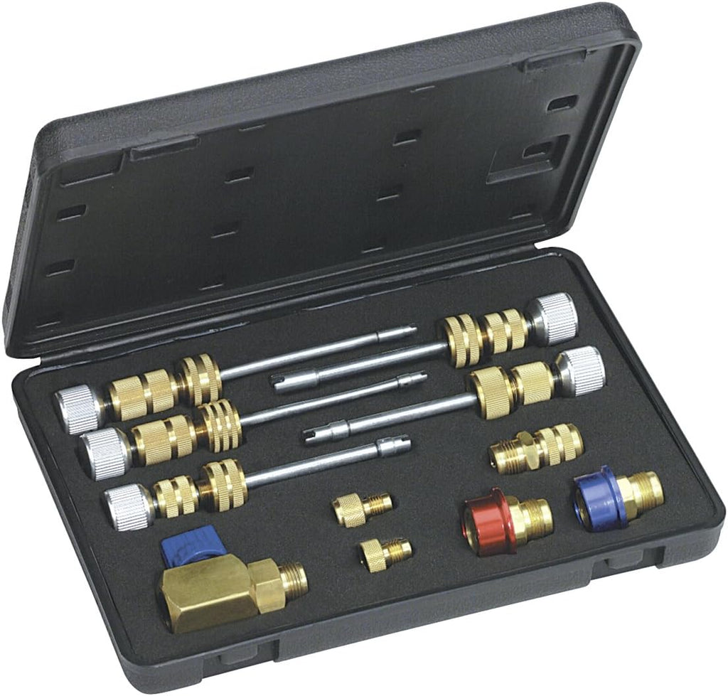 Mastercool 58490 R134a Valve Core Remover/Installer Kit – Works Under Pressure – Covers Standard, JRA, Eaton Cores – Includes Shafts, Adapters, R134a Fittings & Case