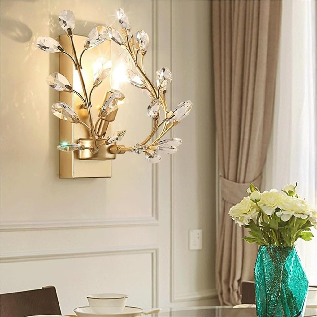 E14/E12 Creative Retro Crystal Wall Sconce with Wrought Iron Crystal Branch Design, Wall Mounted Lighting Fixture for Dining Room, Bathroom, Bedroom, Living Room, Entryway(Gold)