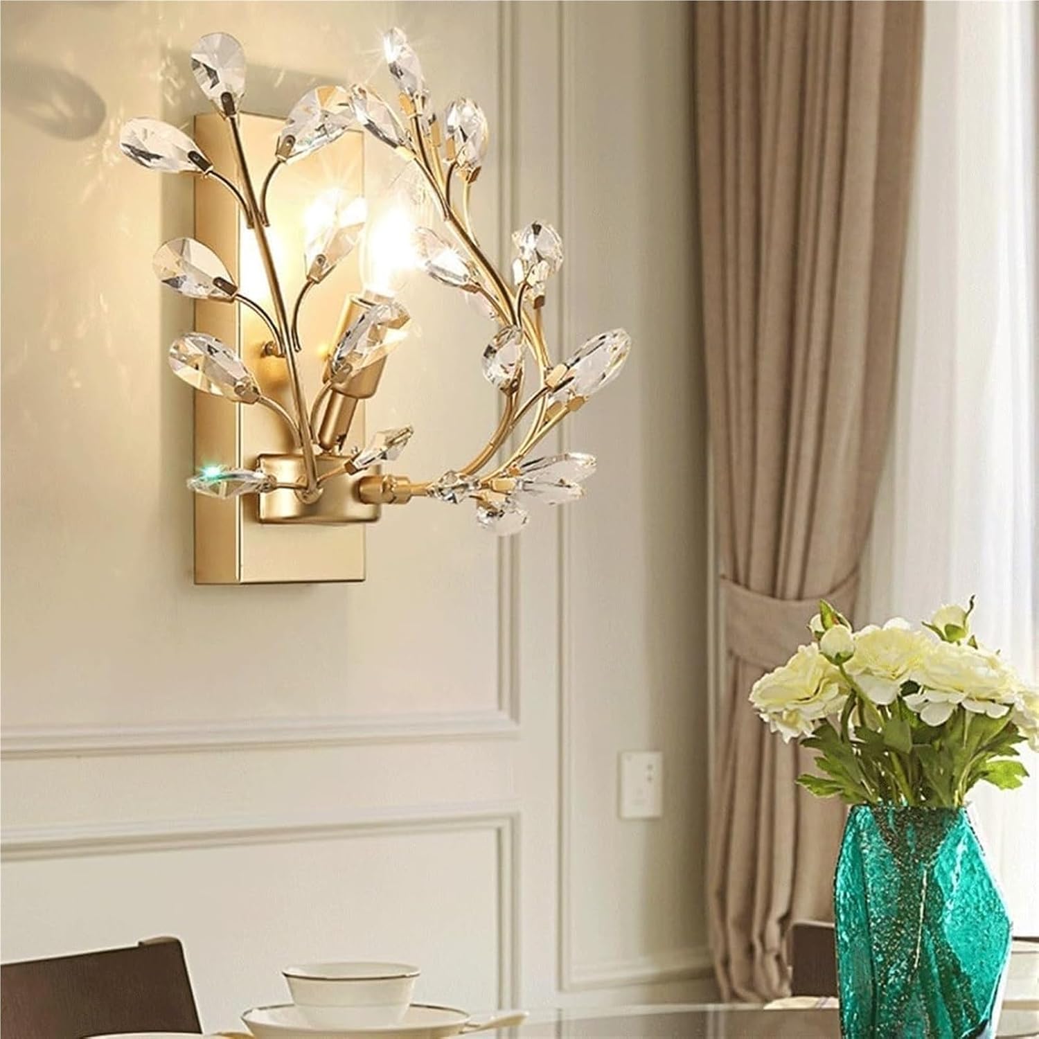 E14/E12 Creative Retro Crystal Wall Sconce with Wrought Iron Crystal Branch Design, Wall Mounted Lighting Fixture for Dining Room, Bathroom, Bedroom, Living Room, Entryway(Gold)