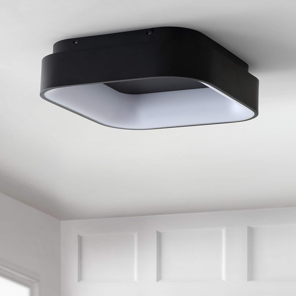 JONATHAN Y 17.7' Black Rafael Square LED Flush Mount Ceiling Light Fixture, Modern Dimmable 3000K Integrated 32W Lighting for Kitchen, Bedroom, Hallway, Metal Body (JYL7207B)