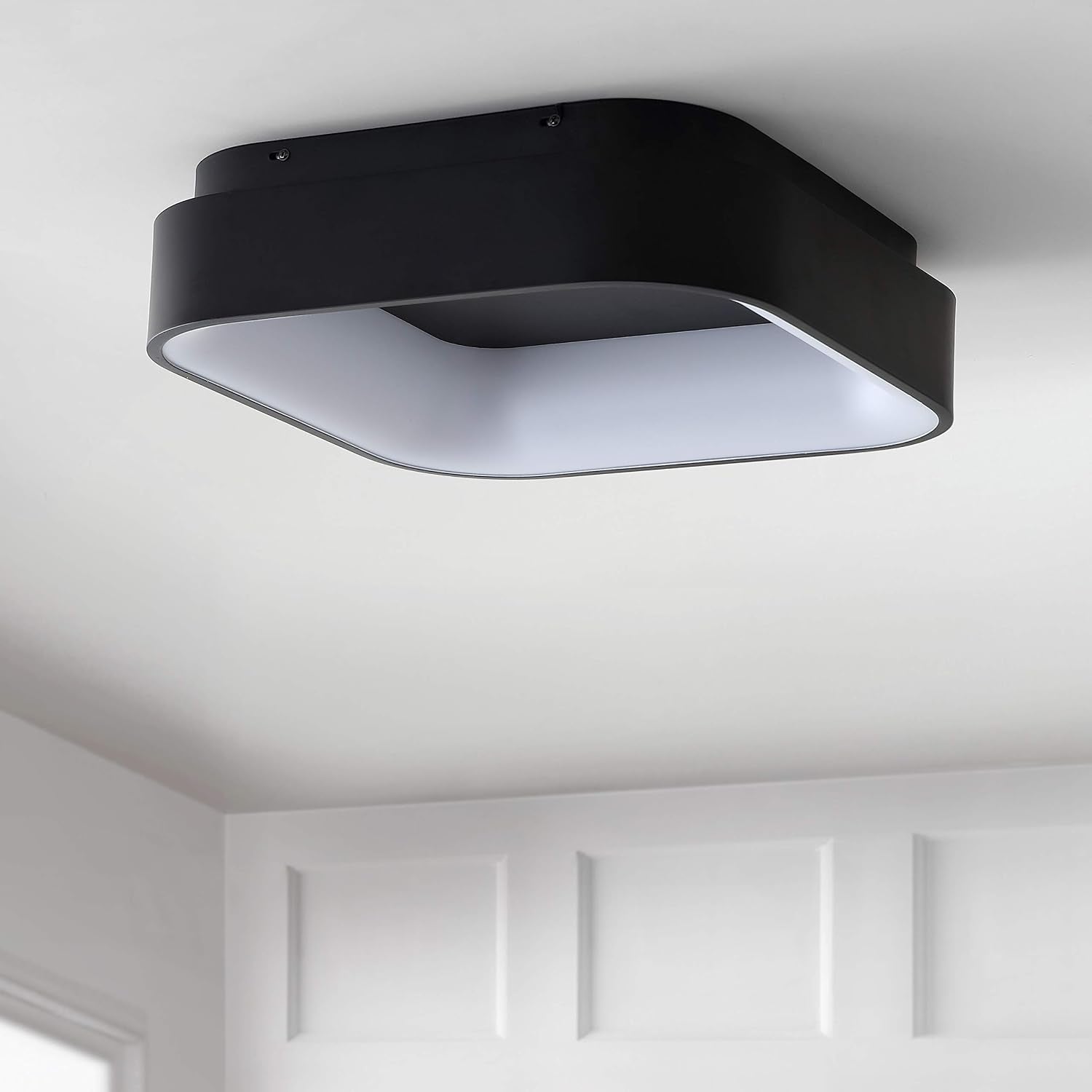 JONATHAN Y 17.7' Black Rafael Square LED Flush Mount Ceiling Light Fixture, Modern Dimmable 3000K Integrated 32W Lighting for Kitchen, Bedroom, Hallway, Metal Body (JYL7207B)