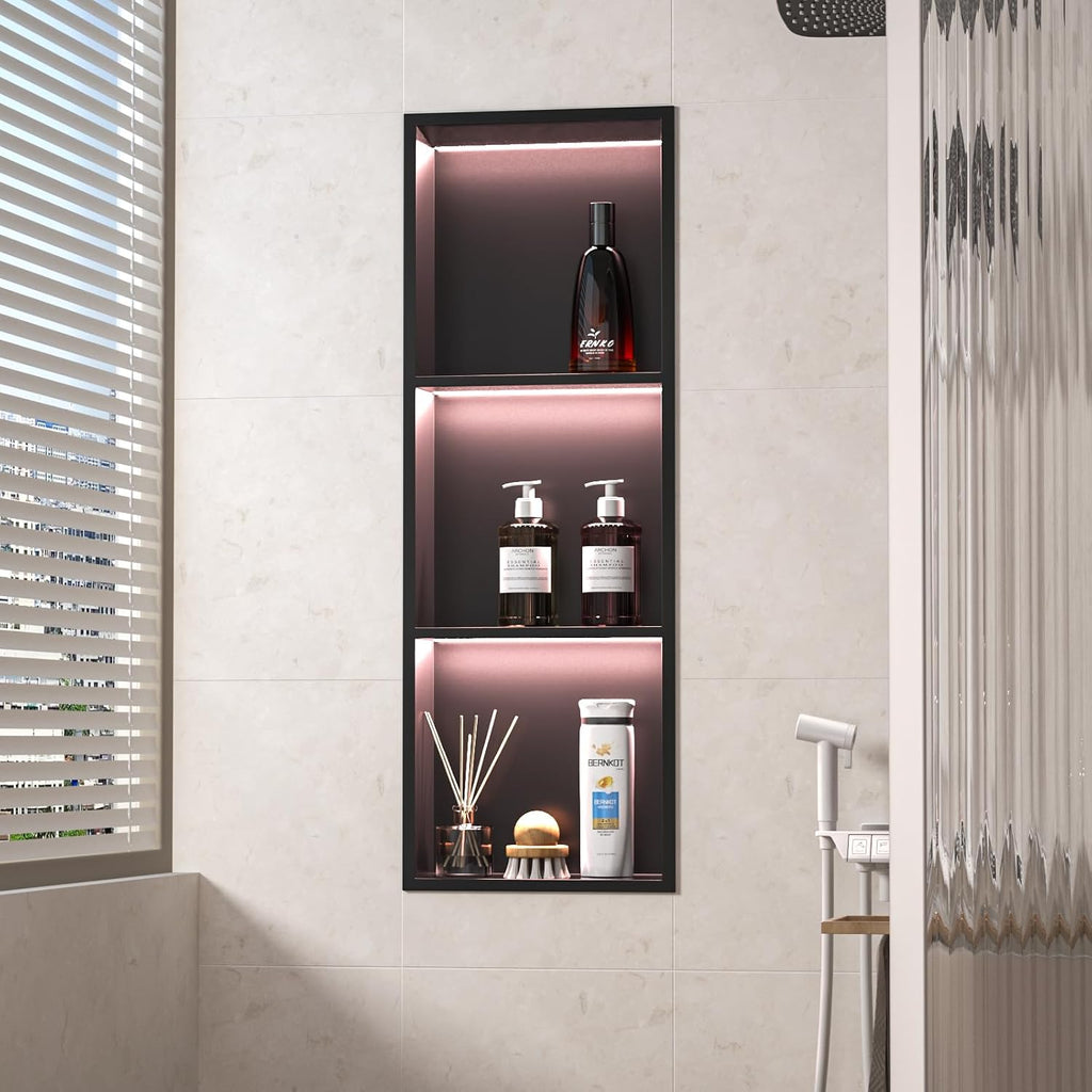 Led Shower Niche with RGB Light 36' X 12' Matte Black 304 Stainless Steel Shower Niche with 3-Tiers Shelves Waterproof No Tile Needed Recessed Niches Shower for Bathroom Storage