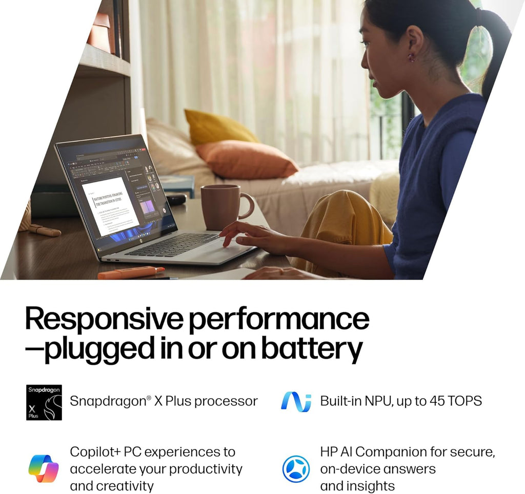 HP OmniBook 5 14 inch Next Gen AI PC, 2K Touchscreen, Snapdragon X Plus X1P- 42-100, 16 GB RAM, 512 GB SSD, Qualcomm Adreno GPU, Windows 11 Home, Copilot+ PC, Glacier Silver, 14-he0000nr
