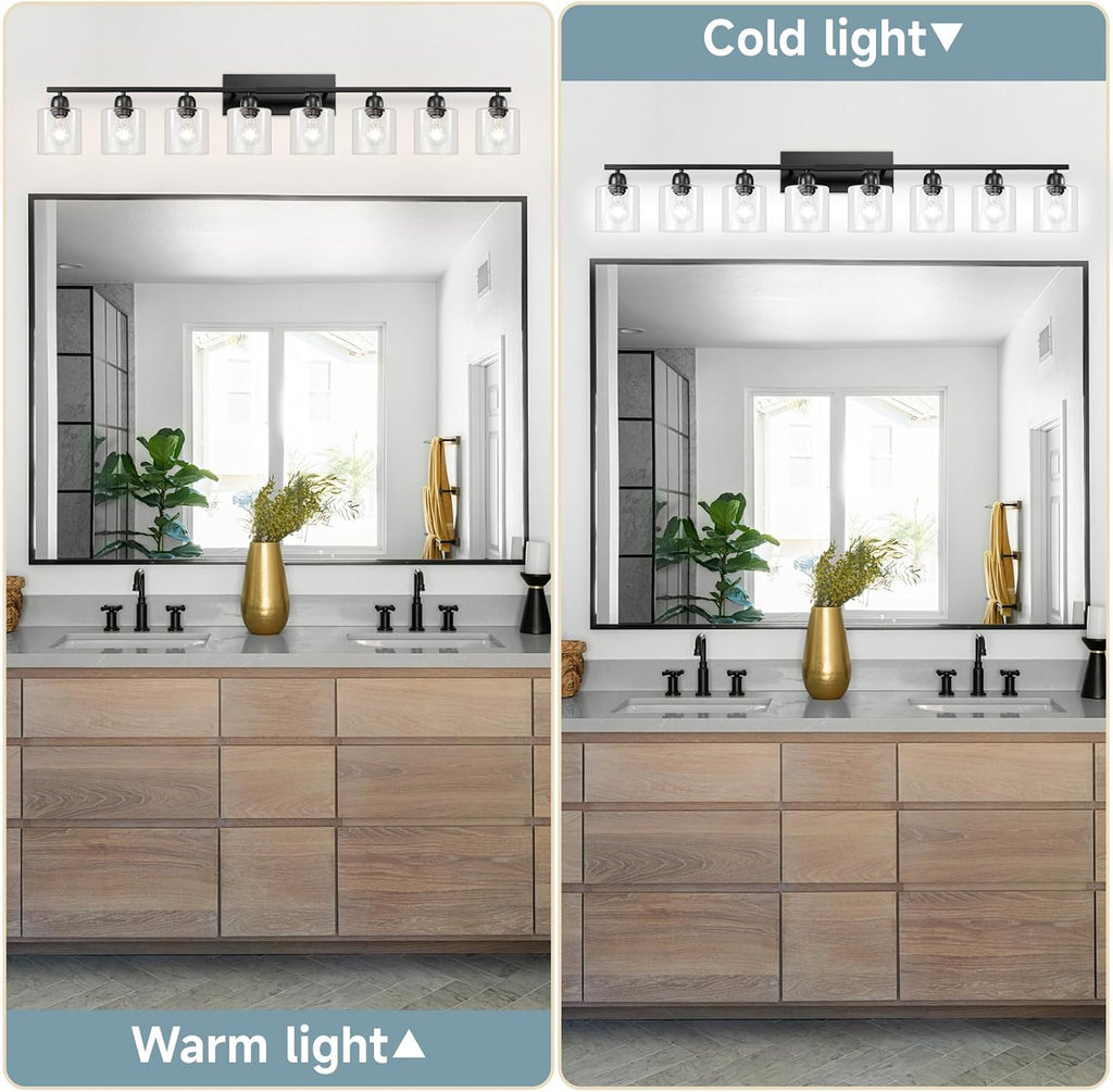 Bath Vanity Lights for Mirror, Restroom Lights Fixtures with Milky White Frosted Glass Shades,Bathroom Over Sink Light Fixtures (Black & Clear Glass, 8-Light)