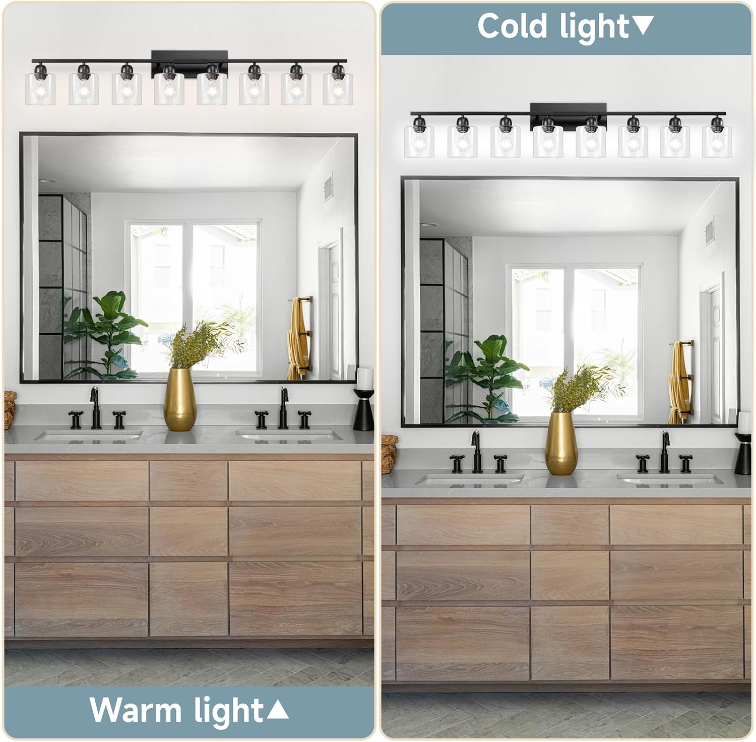 Bath Vanity Lights for Mirror, Restroom Lights Fixtures with Milky White Frosted Glass Shades,Bathroom Over Sink Light Fixtures (Black & Clear Glass, 8-Light)