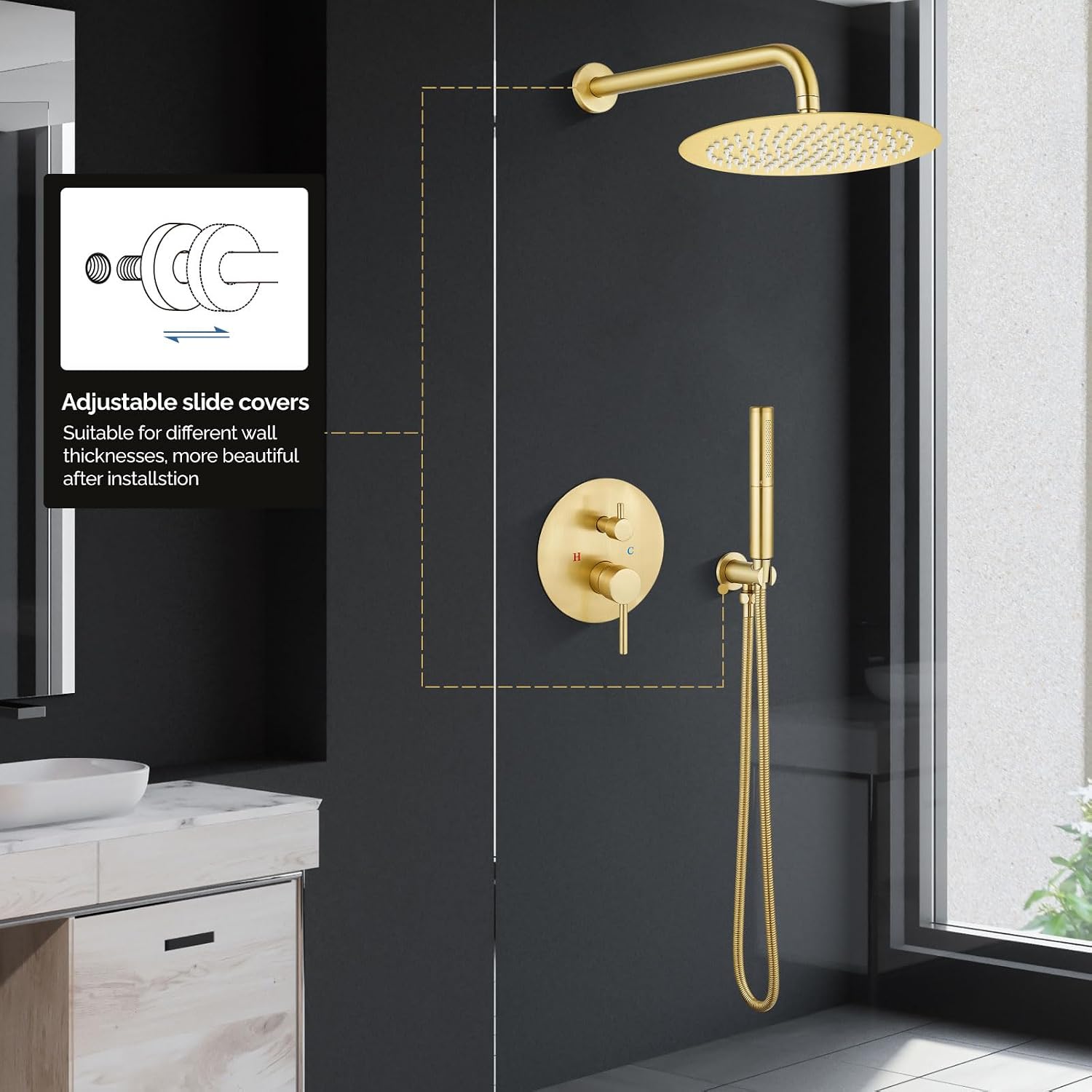 Airuida Shower Faucet Set, Bathtub Faucet Set with 12 Inch Rain Shower Head and Valve,2 Functions Tub Shower Faucet Set for Bathroom-Brushed Gold