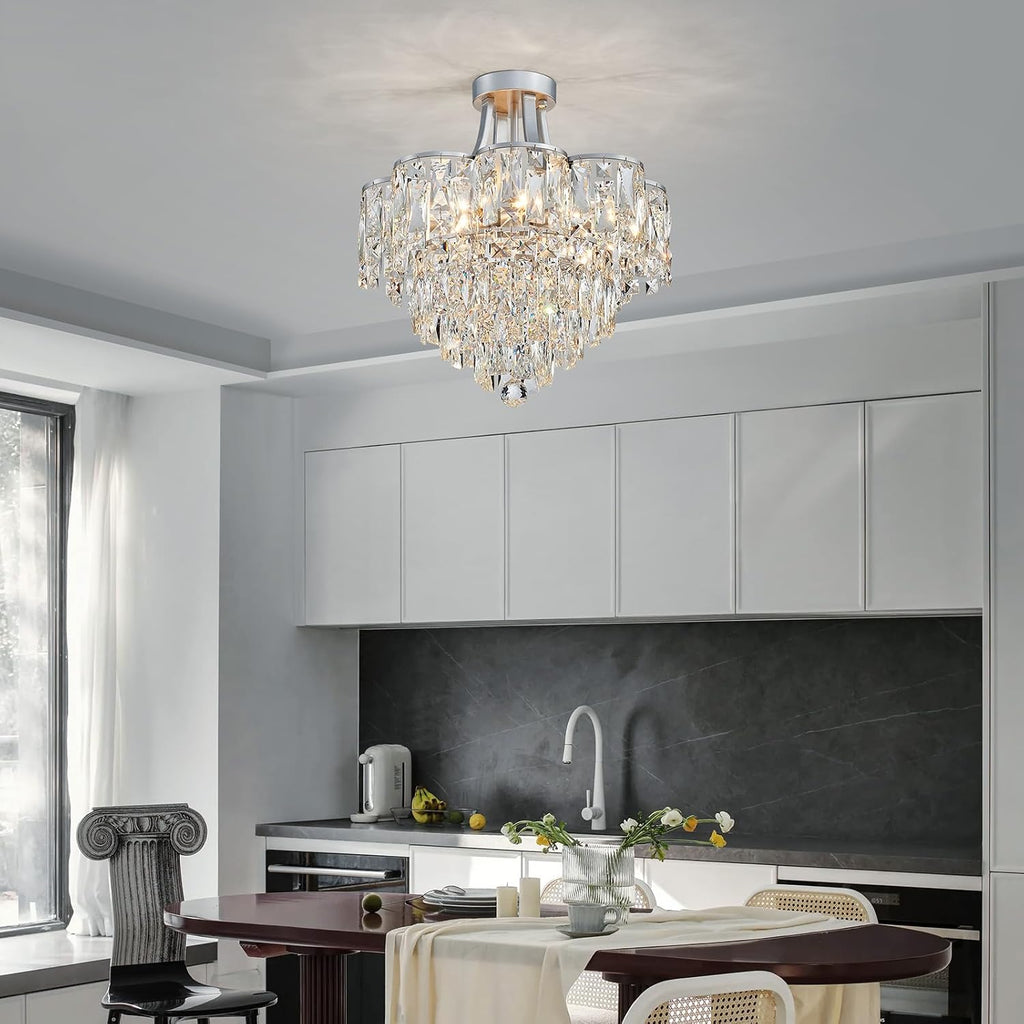 WUZUPS Crystal Chandelier Semi-Flushmount Ceiling Light Modern Lighting Fixture for Bedroom Hallway Entry Kitchen Bathroom, H 19.3' x W 18.3', E12 Base, Silver