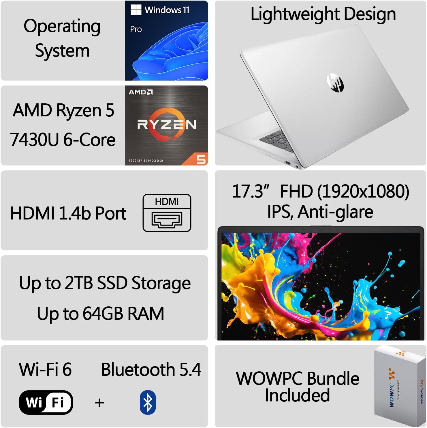HP 17 Inch Laptop, AMD Ryzen 5 7430U 6-Cores Processor (Beats i7-1355U), 17' FHD (1080p) IPS Display, 16GB RAM, 1TB SSD, Wi-Fi 6, Windows 11 Pro, w/WOWPC Recovery USB