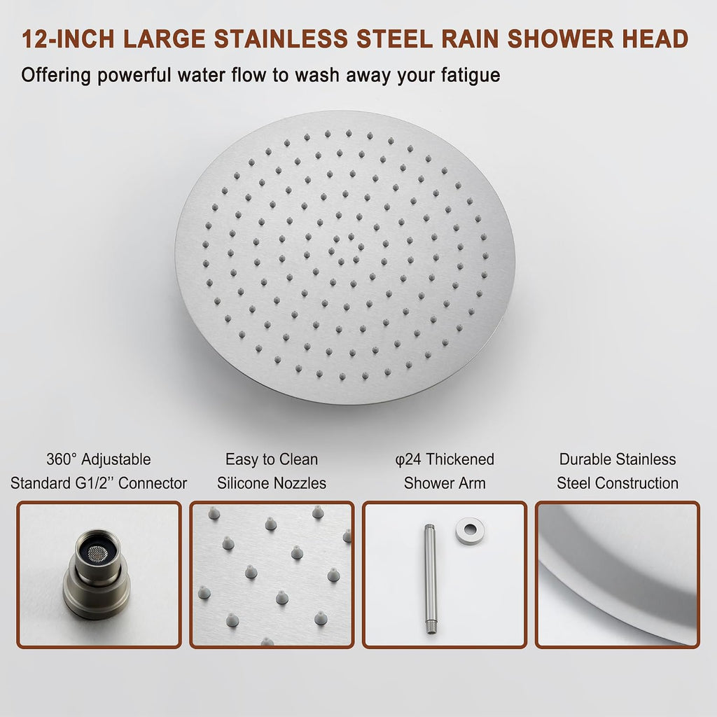 MONDAWE 12 Inch Ceiling Mounted Shower System in Brushed Nickel, 3-Function Shower Faucet Set with Rainfall Dual Shower Head and High Pressure Handheld Spray, All Function Can be Used At the Same Time