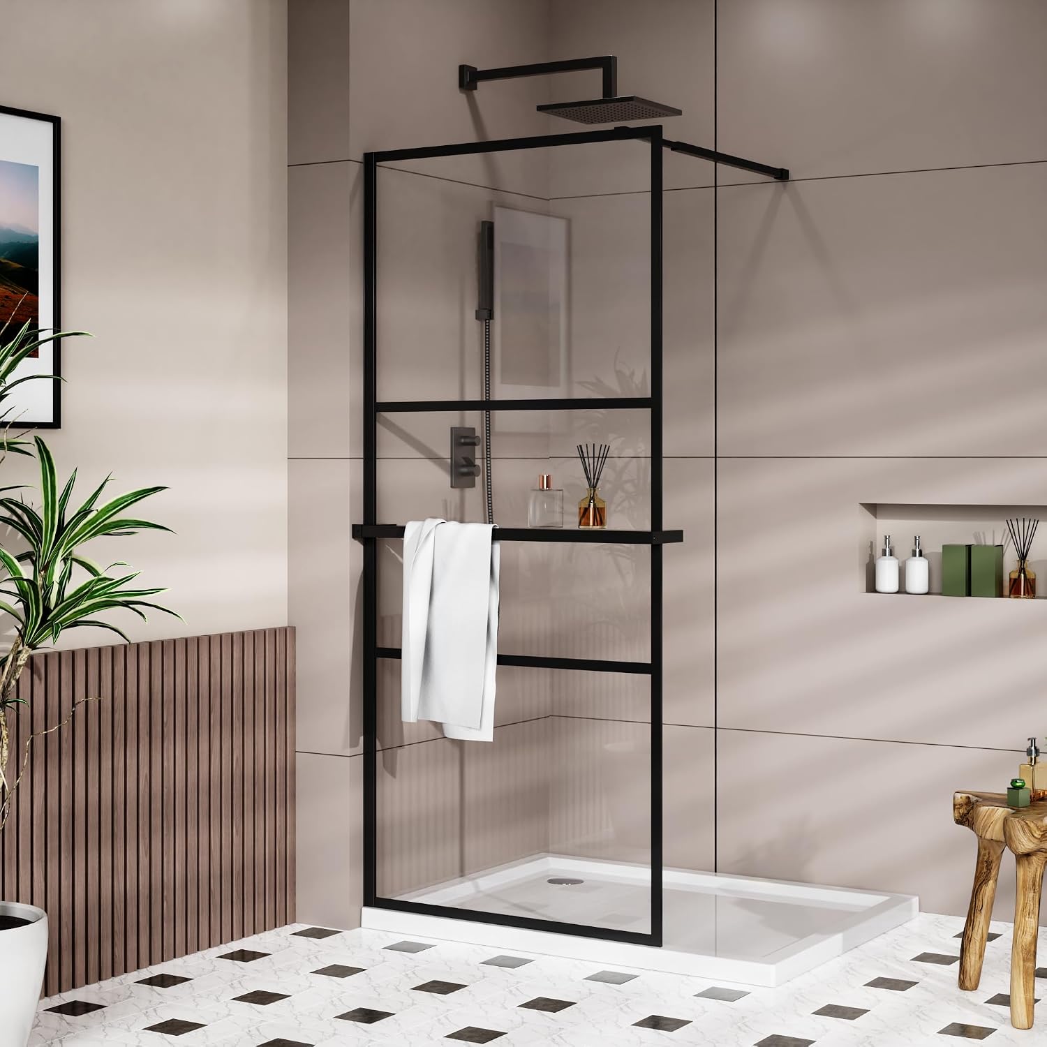 Goodyo 34' x 72' Shower Door Tempered Glass Shower Screen with Tool Bar Towel Rack for Walk in Bathroom 3-Grid Style