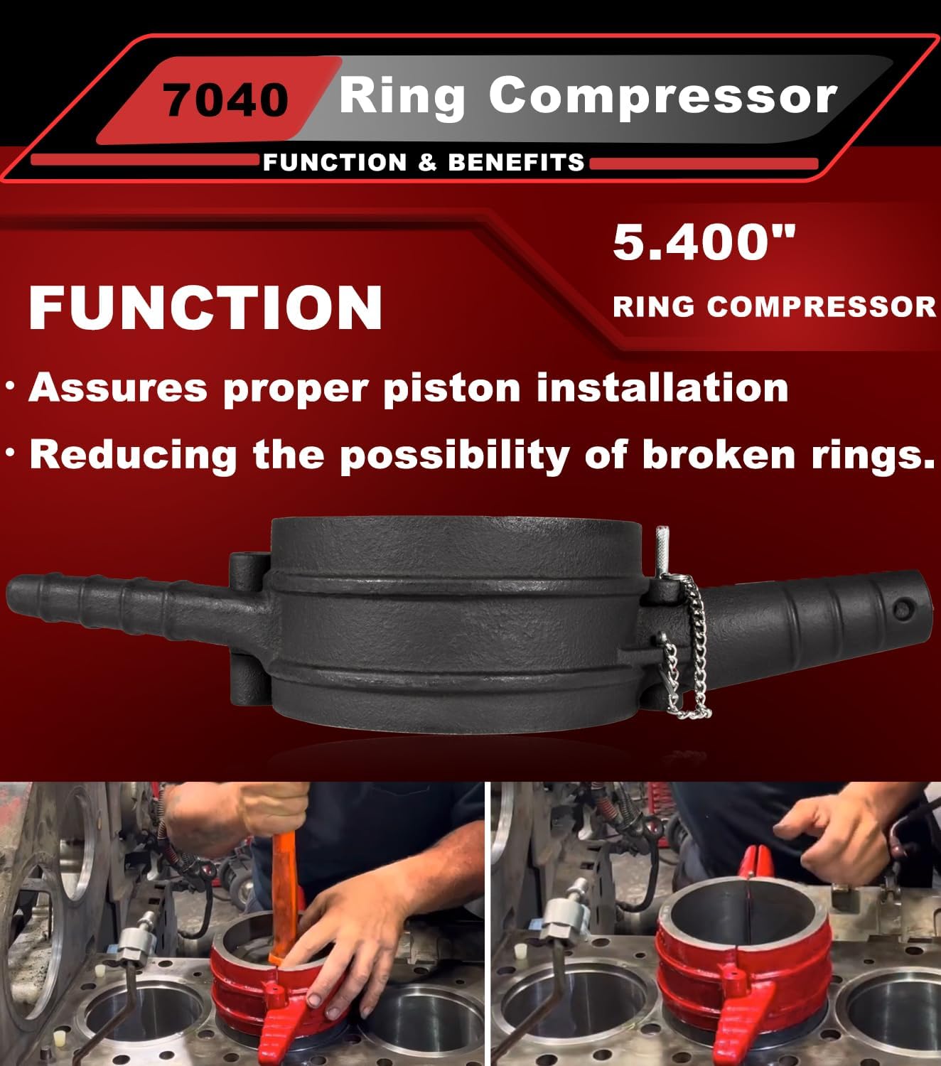 7040 Piston Ring Compressor Tool, Piston Ring Compressor Adapter & Anti-Polishing Ring Kit For Cummins ISX QSX 15, Caterpillar 3400, 3406, 3408, C15, 5.4' bore Replace# PT-7040 5299339 5394454