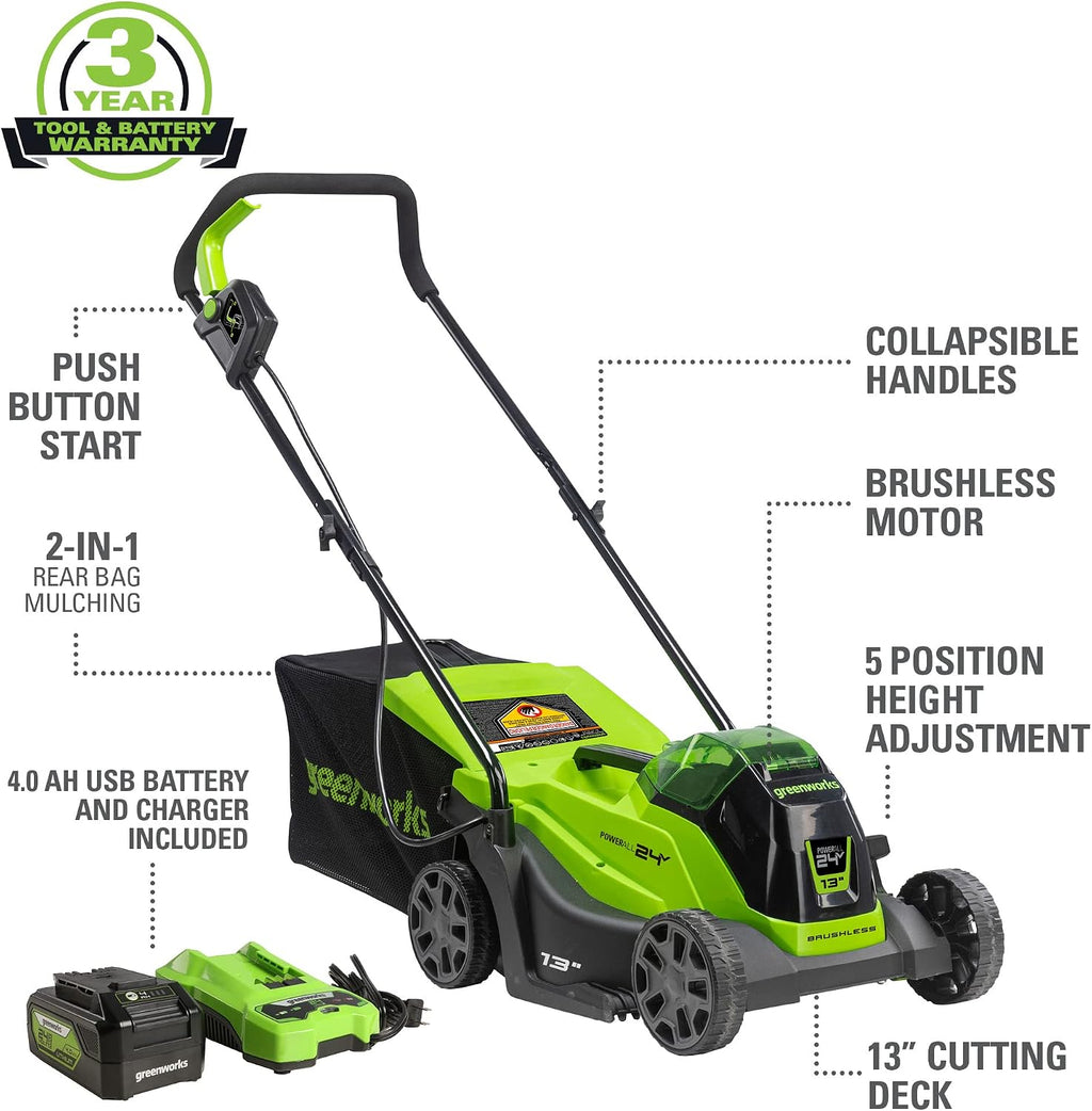 Greenworks 24V 13' Brushless Lawn Mower, String Trimmer, 4.0Ah USB Battery and Charger Included