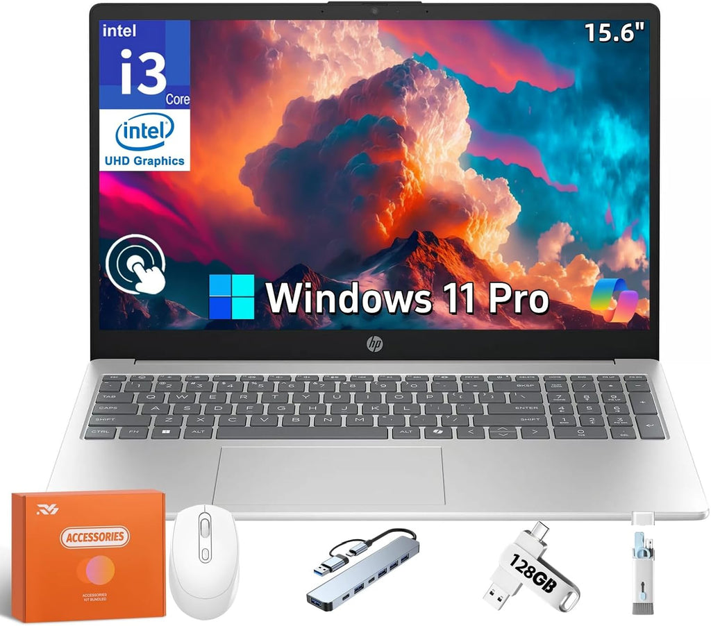 HP 2025 Touchscreen Laptop, Intel i3-1315U(Beat i3 1215u, Up to 4.5GHz), 32 GB RAM, 1 TB SSD, 15.6' 250 nits Anti-Glare Display, Intel UHD Graphics, Windows 11 Pro & Copilot-AI Chat w/Accessories