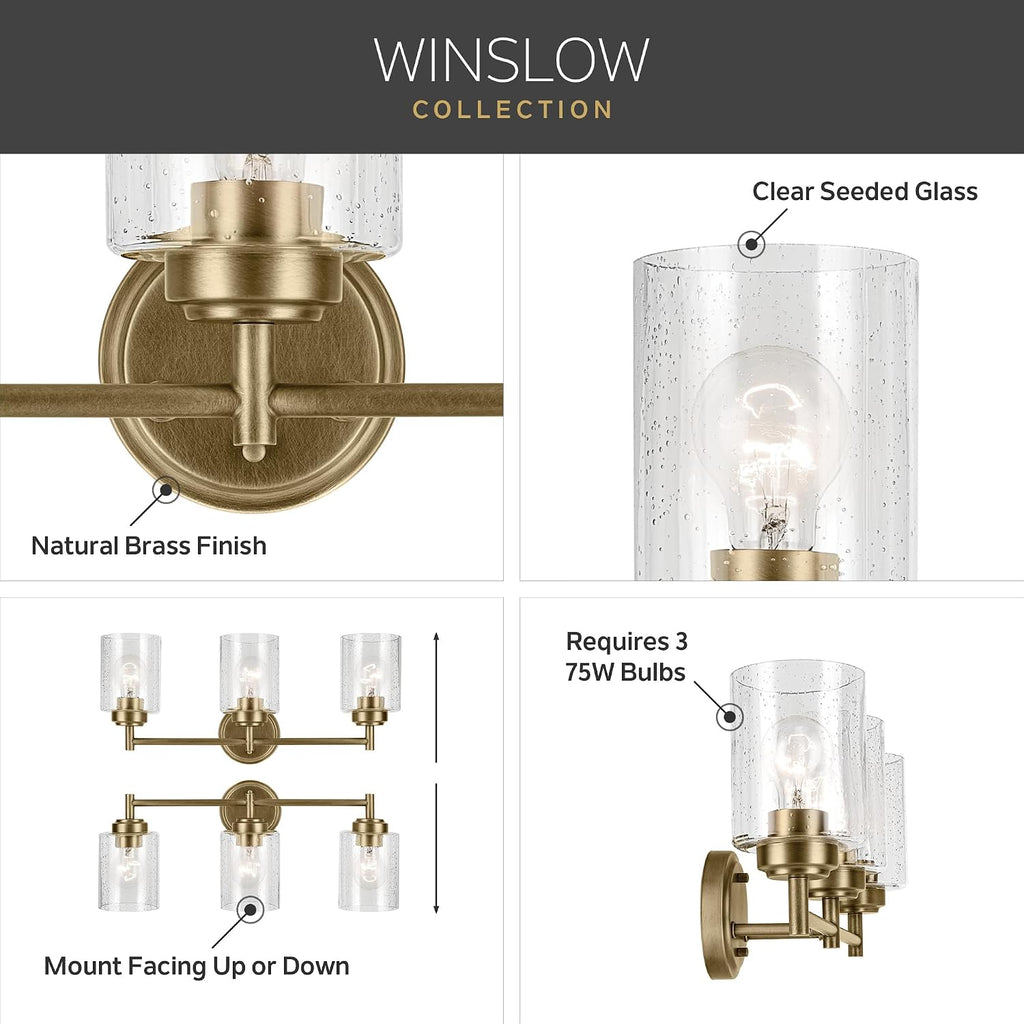 Kichler Winslow 21.5' 3-Light Bathroom Vanity Light Fixture with Clear Seeded Glass in Natural Brass for Luxe Industrial Style Over Mirror (21.5' x 9.25'), 45886NBR