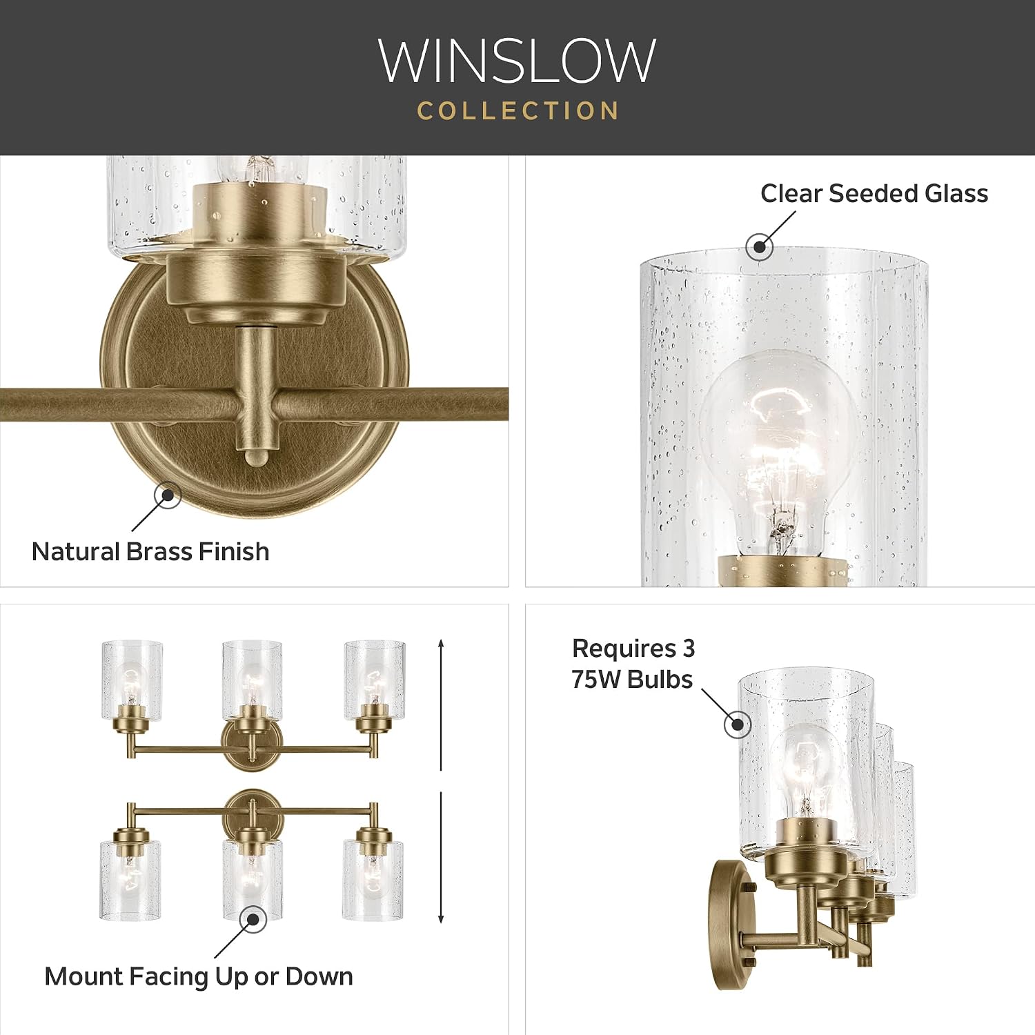 Kichler Winslow 21.5' 3-Light Bathroom Vanity Light Fixture with Clear Seeded Glass in Natural Brass for Luxe Industrial Style Over Mirror (21.5' x 9.25'), 45886NBR