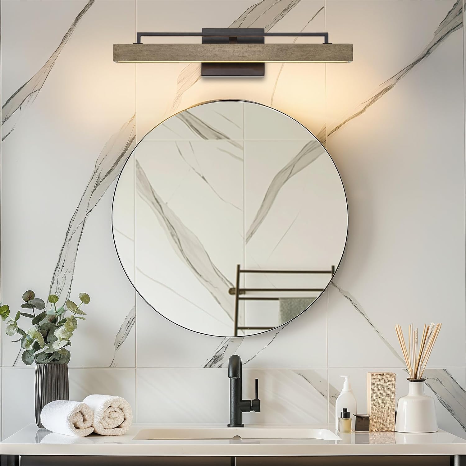 Kira Home Felix 25' Modern Farmhouse Integrated LED Bathroom Vanity Light, 24W 3000K Warm White Light, Hand-Painted Wood Grain Metal Linear Sconce, Smoked Birch and Black Finish