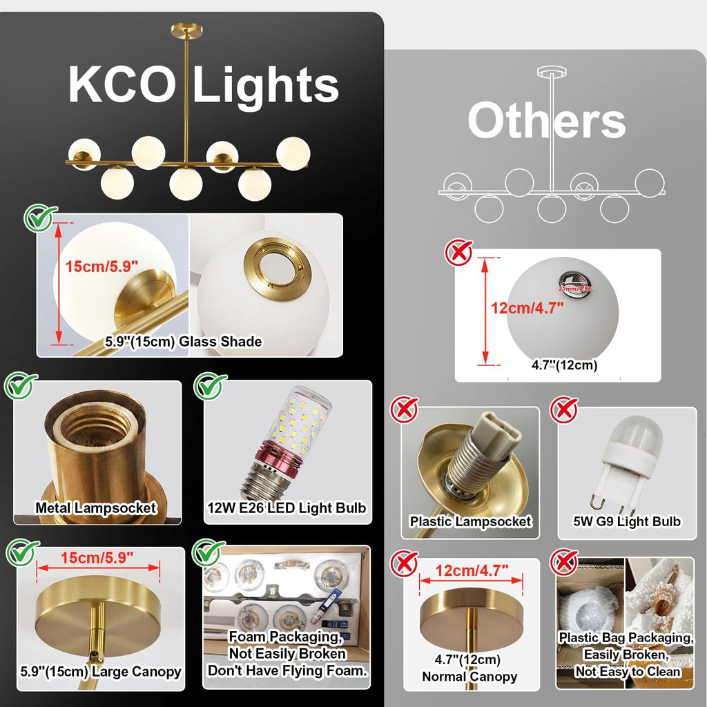 KCO Lighting Modern Brass Linear Chandelier Pendant Light 7-Lights Gold and White Glass Pendant Lighting Mid Century Globe Dining Light Fixture for Living Room Kitchen