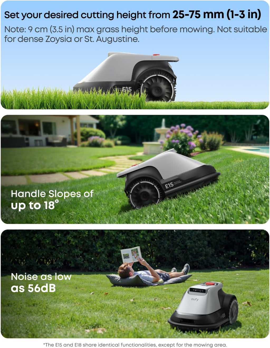 eufy Robot Lawn Mower E15, Auto Mapping,Pure Vision Navigation, Wire Free RTK Free, Multi-Zone Management, AI 3D Obstacle Avoidance, GPS Anti-Theft, 0.2 Acres, 18° Slope, App Control