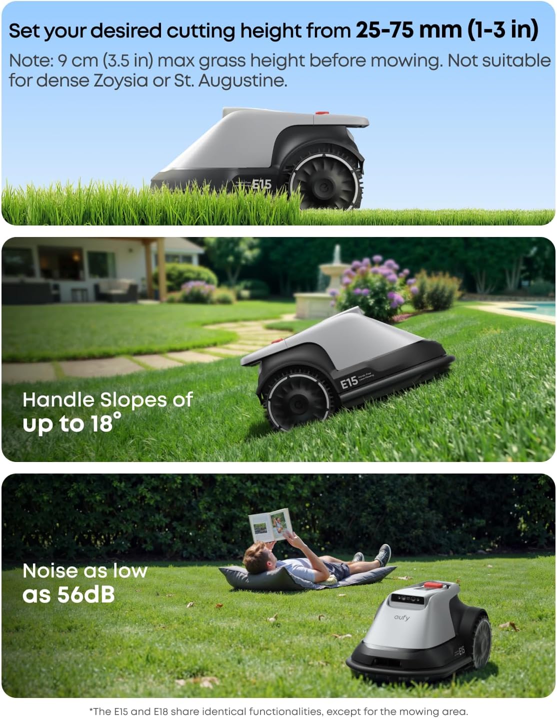 eufy Robot Lawn Mower E15, Auto Mapping,Pure Vision Navigation, Wire Free RTK Free, Multi-Zone Management, AI 3D Obstacle Avoidance, GPS Anti-Theft, 0.2 Acres, 18° Slope, App Control