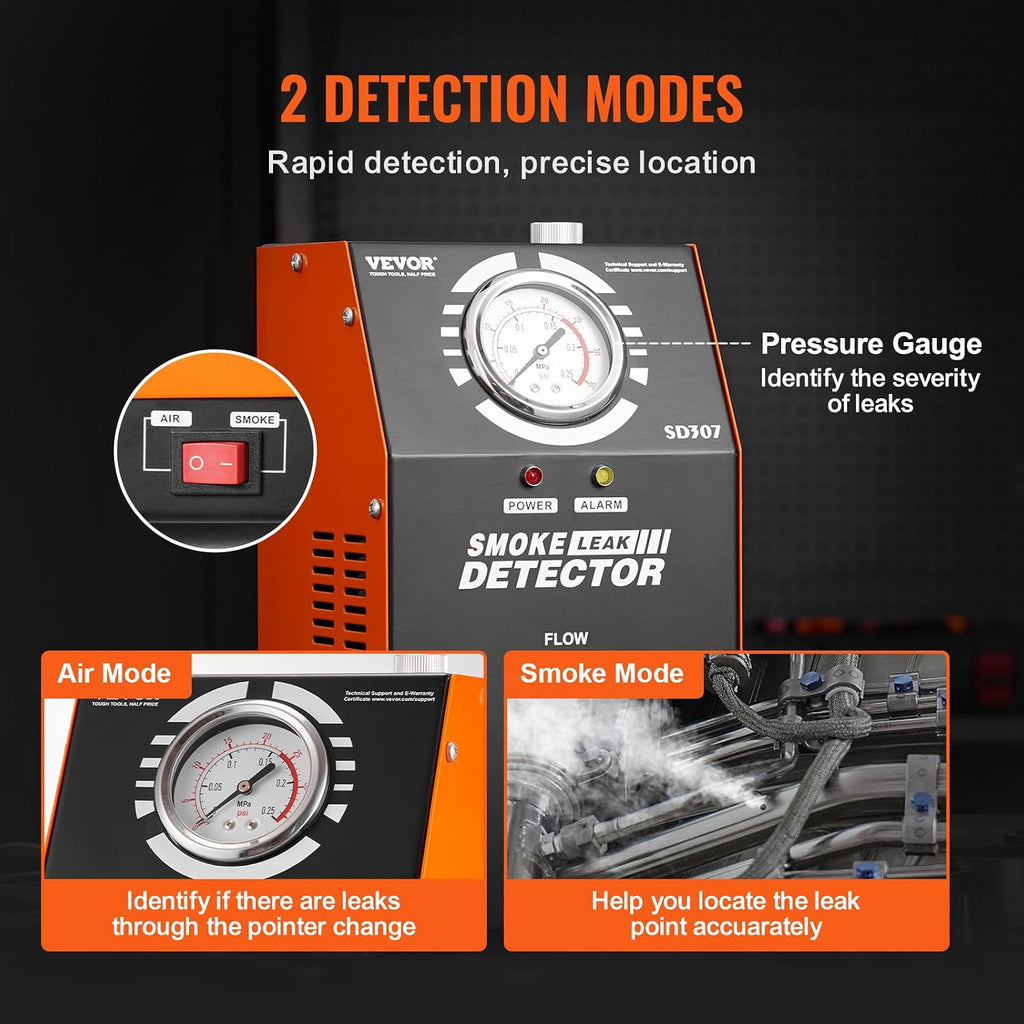 VEVOR Automotive Smoke Machine Leak Detector, DC 12V EVAP Vacuum Diagnostic Tester with Built-in Air Pump, Pressure Gauge & Flow Meter, 2-Mode Fuel Detector for Cars, Motorcycles, Trucks, Boats, ATVs