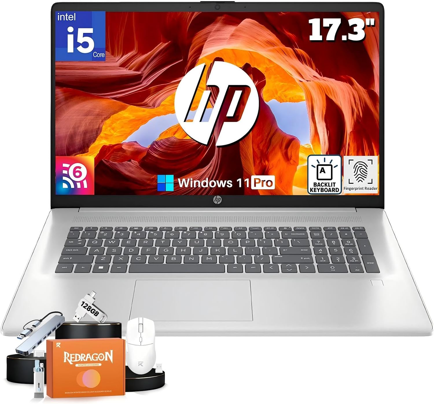 HP 17 inch Laptop, Intel 10-Core i5-1334U, 17.3' HD+ Anti-Glare Display, 16GB RAM, 1TB SSD, Backlit Keyboard, Fingerprint Reader, Windows 11 Pro, Wi-Fi 6, for Business Student, REDRAGON Accessories