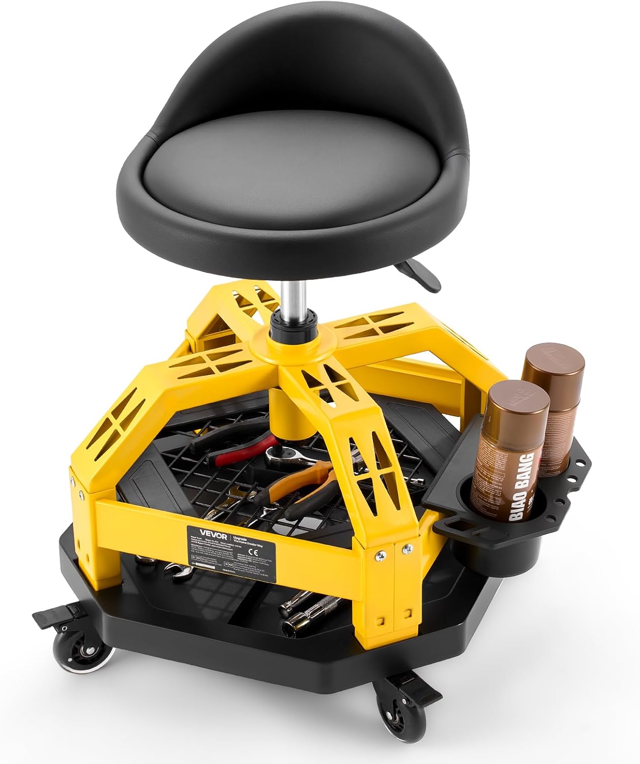 VEVOR Rolling Shop Stool with Wheels, 19.7'-25.6' Adjustable Height, 360° Swivel, 330 lbs Capacity, Garage Work Mechanic Stool with Backrest, Tool Tray Storage, Padded Seat Shop Chair, Black/Yellow