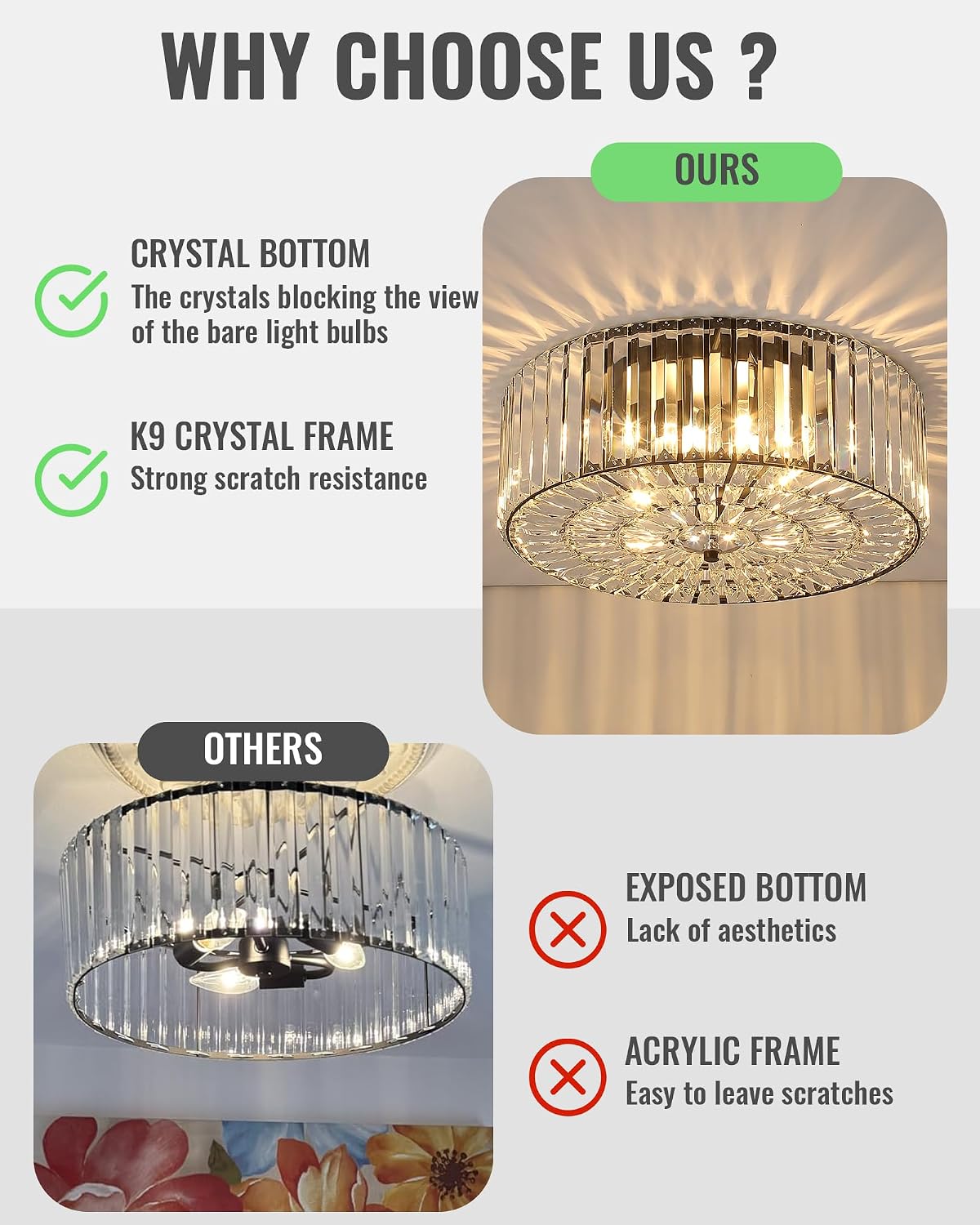 Large Crystal Ceiling Light, 17.5' Black K9 Crystal Flush Mount Ceiling Light, 4-Light Round Luxury Light Fixture for Dining Room, Bedroom, Hotel, Living Room, XDD007-4-BK