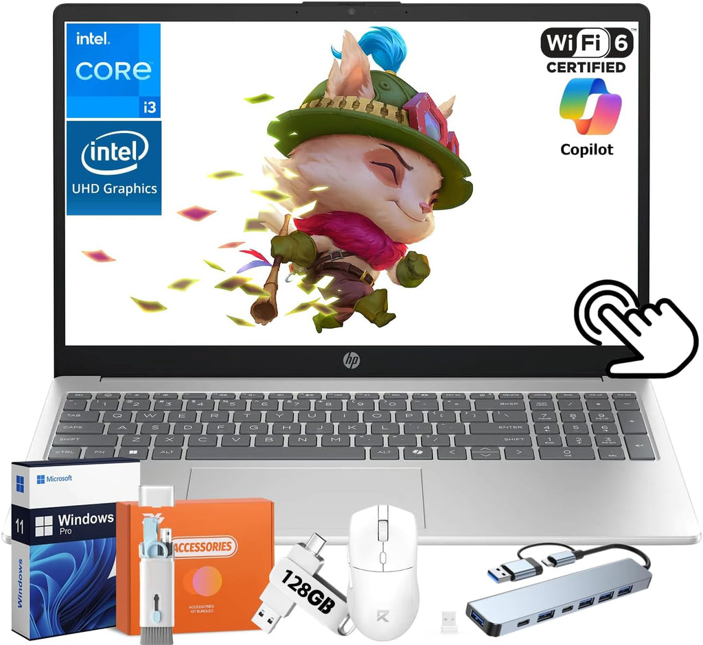 HP 2025 15.6' Touchscreen Laptop, 250-Nits Anti-Glare Display, 13th Intel Processor, 64 GB RAM, 2 TB SSD, Intel UHD Graphics, Wi-Fi 6, Copilot AI, Win 11 Pro, for Business & Students, w/Accessories