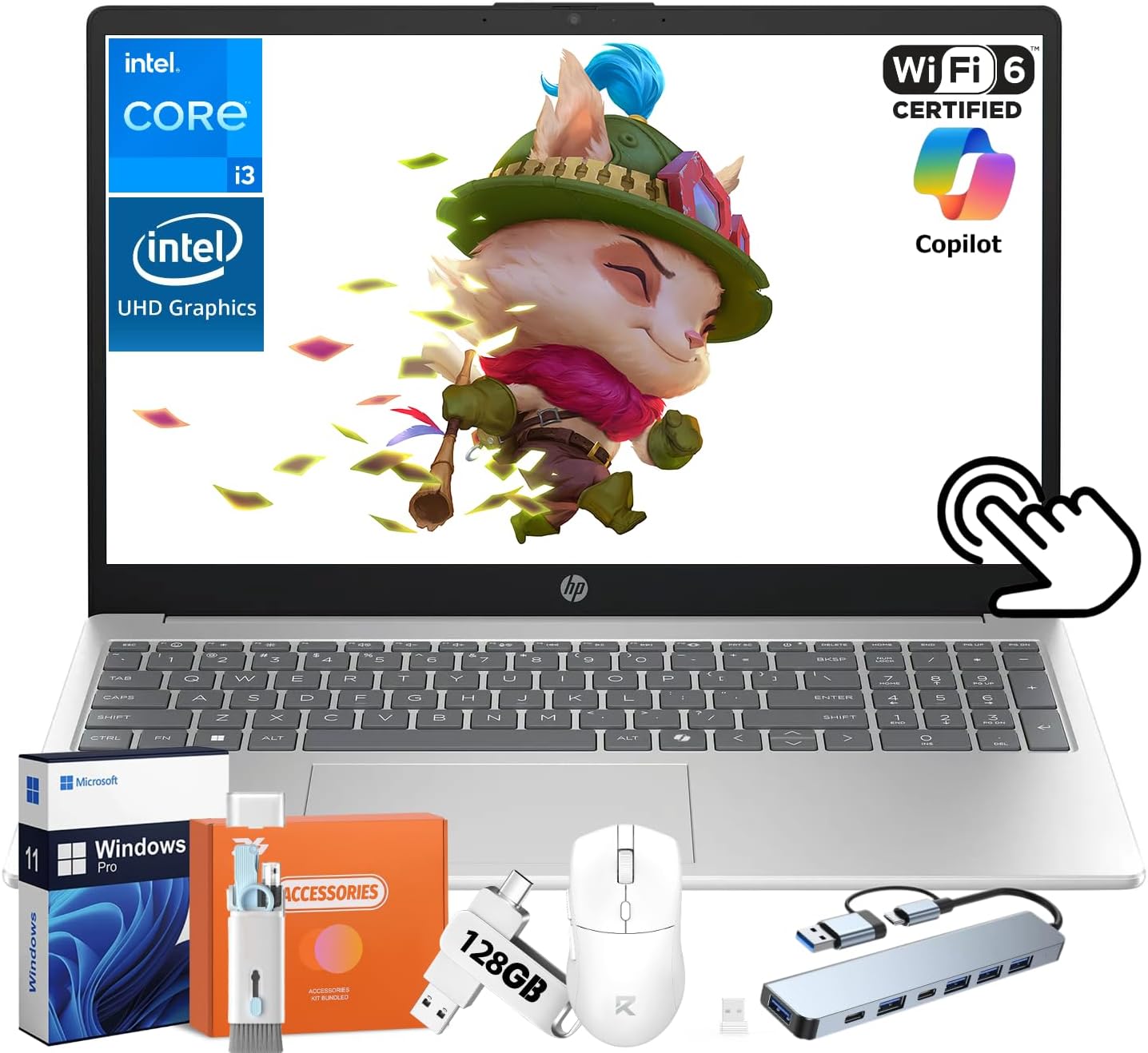 HP 2025 15.6' Touchscreen Laptop, 250-Nits Anti-Glare Display, 13th Intel Processor, 64 GB RAM, 1 TB SSD, Intel UHD Graphics, Wi-Fi 6, Copilot AI, Win 11 Pro, for Business & Students, w/Accessories