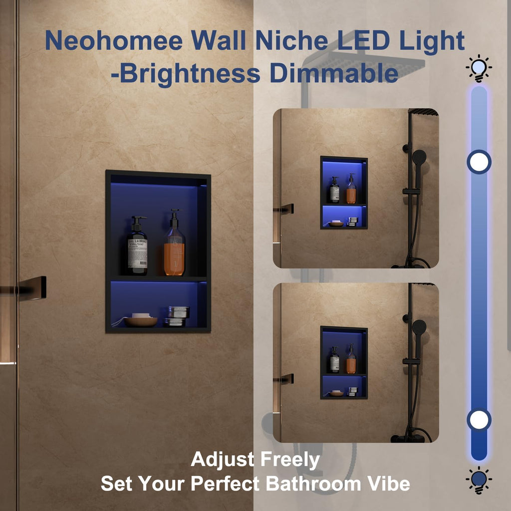 2-Tiers 12x18Inch Wall Niche with RGB LED Light Strips, Matte Black Shower Niche Cabinet, Stainless Steel Bathroom Shelf, NO Tile Needed Recessed Storage Organizer