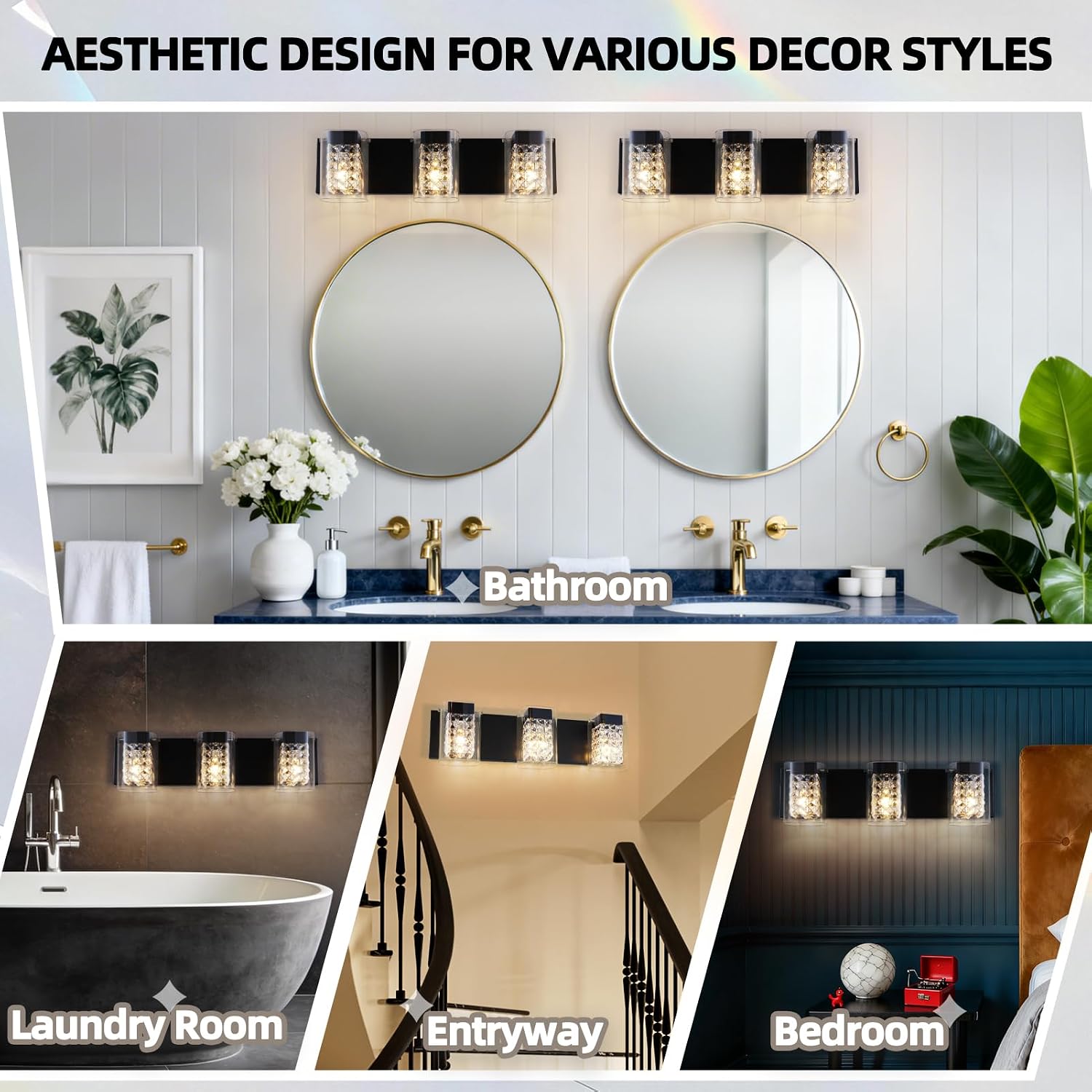 Modern Crystal Bathroom Light Fixtures, 3-Light Black Vanity Lights with Clear Shades, Bathroom Lighting Fixtures Over Mirror Wall Light for Living Room, Decoration,Bedroom（Exclude Bulb）