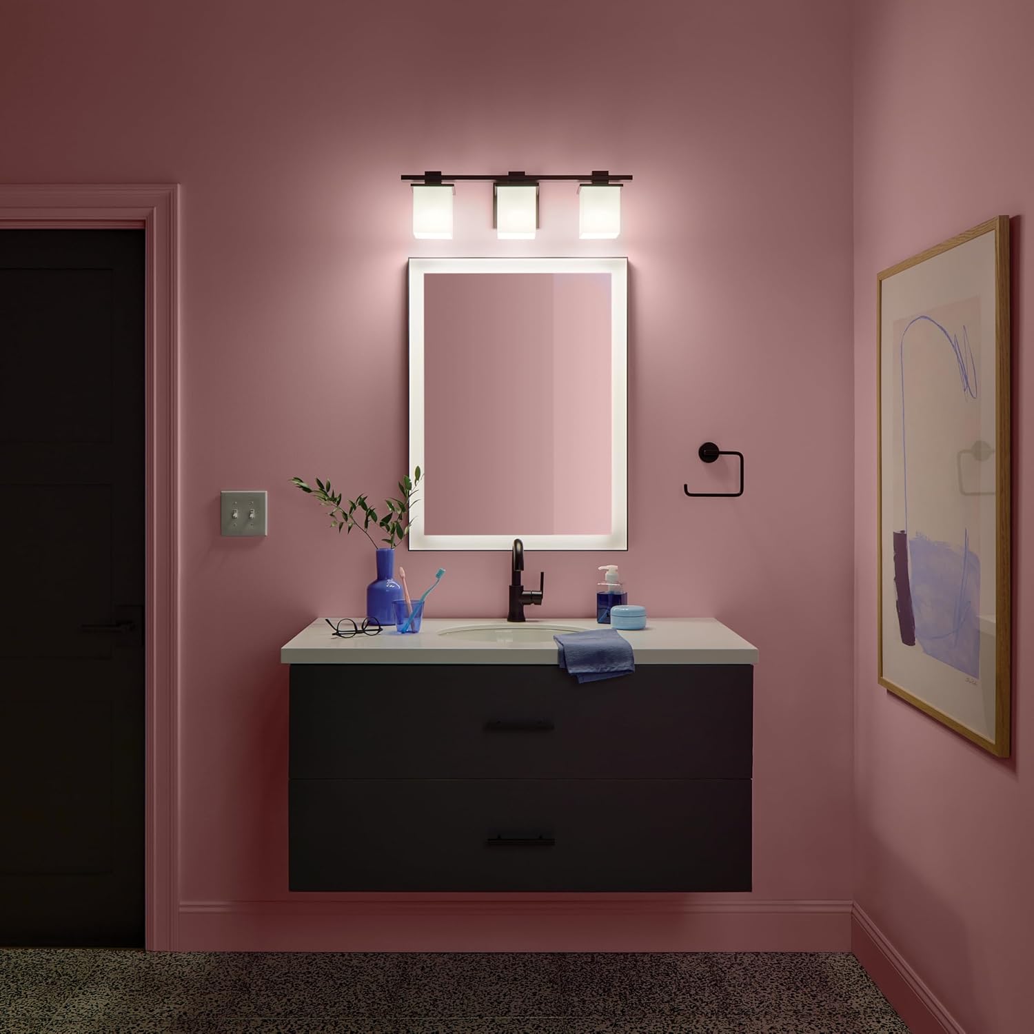 Kichler Tully 24' 3-Light Bathroom Vanity Light Fixture with Satin Etched Cased Opal Glass in Black for Over Mirror, Soft Modern Style (24' x 6.5' x 7'), 45151BK