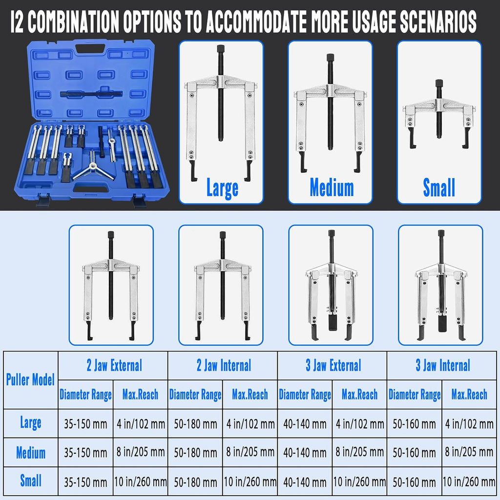 Gear Puller Set, 13Pcs Large Bearing Puller Kit, 2 Jaw & 3 Jaw Gear Puller, Heavy Duty Cr-V Steel Pulley Flywheel Puller for Removal Bearings, Gears, Pulleys and Flywheels Vehicles and Machinery.