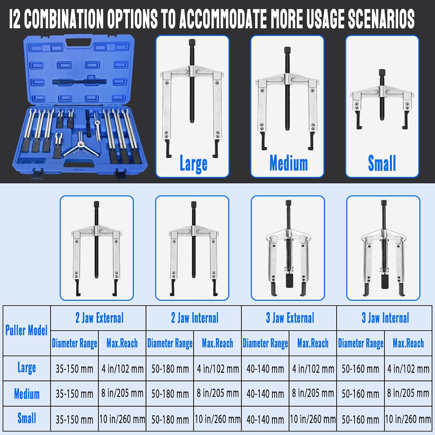 Gear Puller Set, 13Pcs Large Bearing Puller Kit, 2 Jaw & 3 Jaw Gear Puller, Heavy Duty Cr-V Steel Pulley Flywheel Puller for Removal Bearings, Gears, Pulleys and Flywheels Vehicles and Machinery.