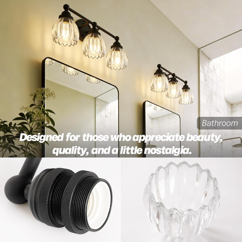 Vintage Triple Arm Tulip Glass Wall Sconce Lighting, 3-Lights Bathroom Vanity Light Fixture for Hallway Bedroom Living Room Bedside Nightstands Lights