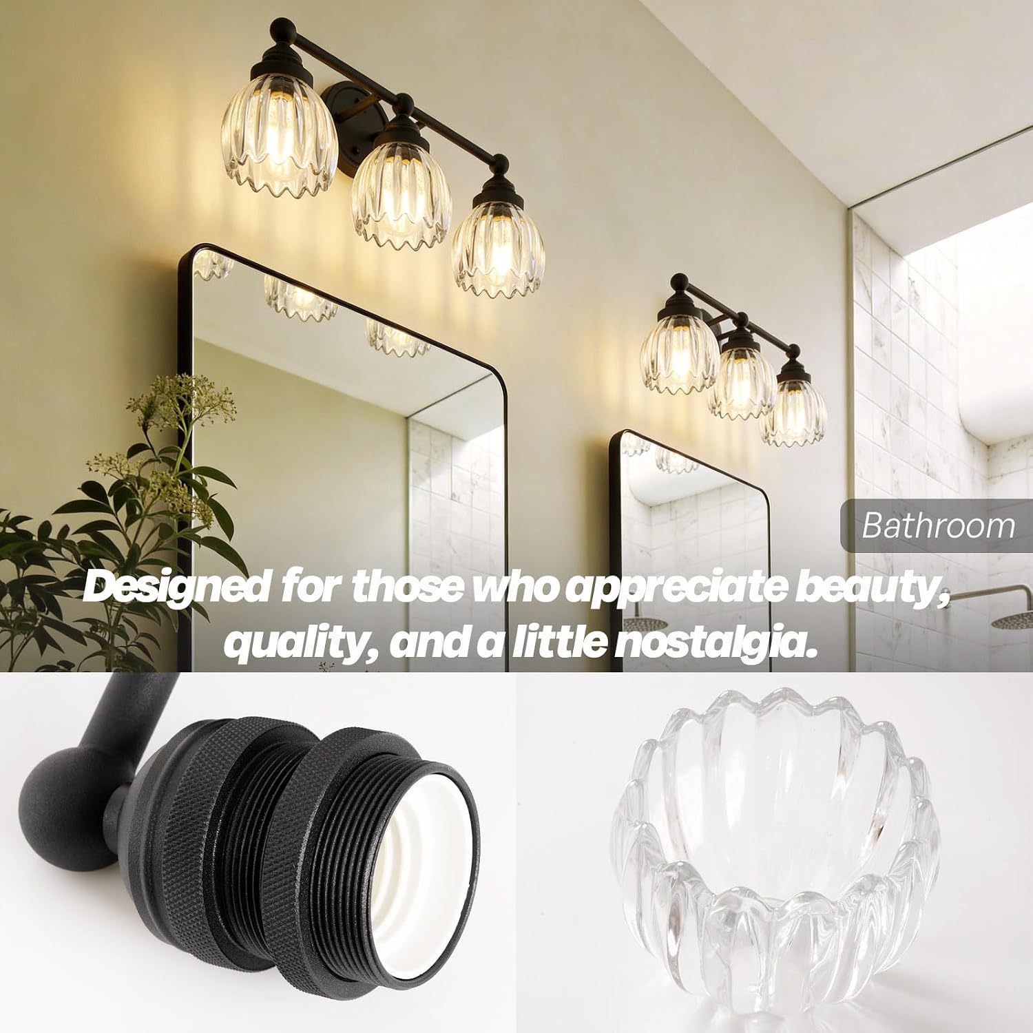 Vintage Triple Arm Tulip Glass Wall Sconce Lighting, 3-Lights Bathroom Vanity Light Fixture for Hallway Bedroom Living Room Bedside Nightstands Lights