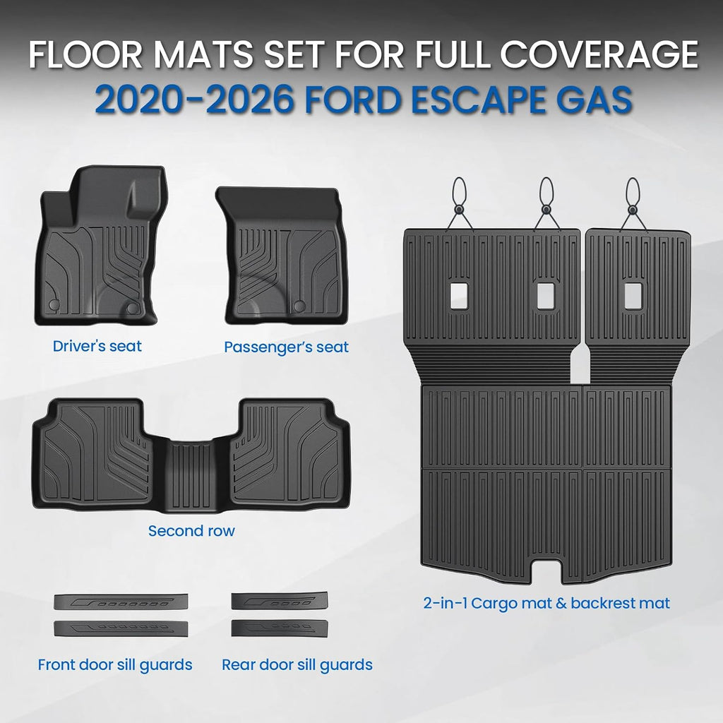 Floor Mats Set for 2020-2026 Ford Escape Gas(Not for Hybrid), All Weather TPE Trunk Mat with Backrest Cargo Liner Door Sill Guards Accessories