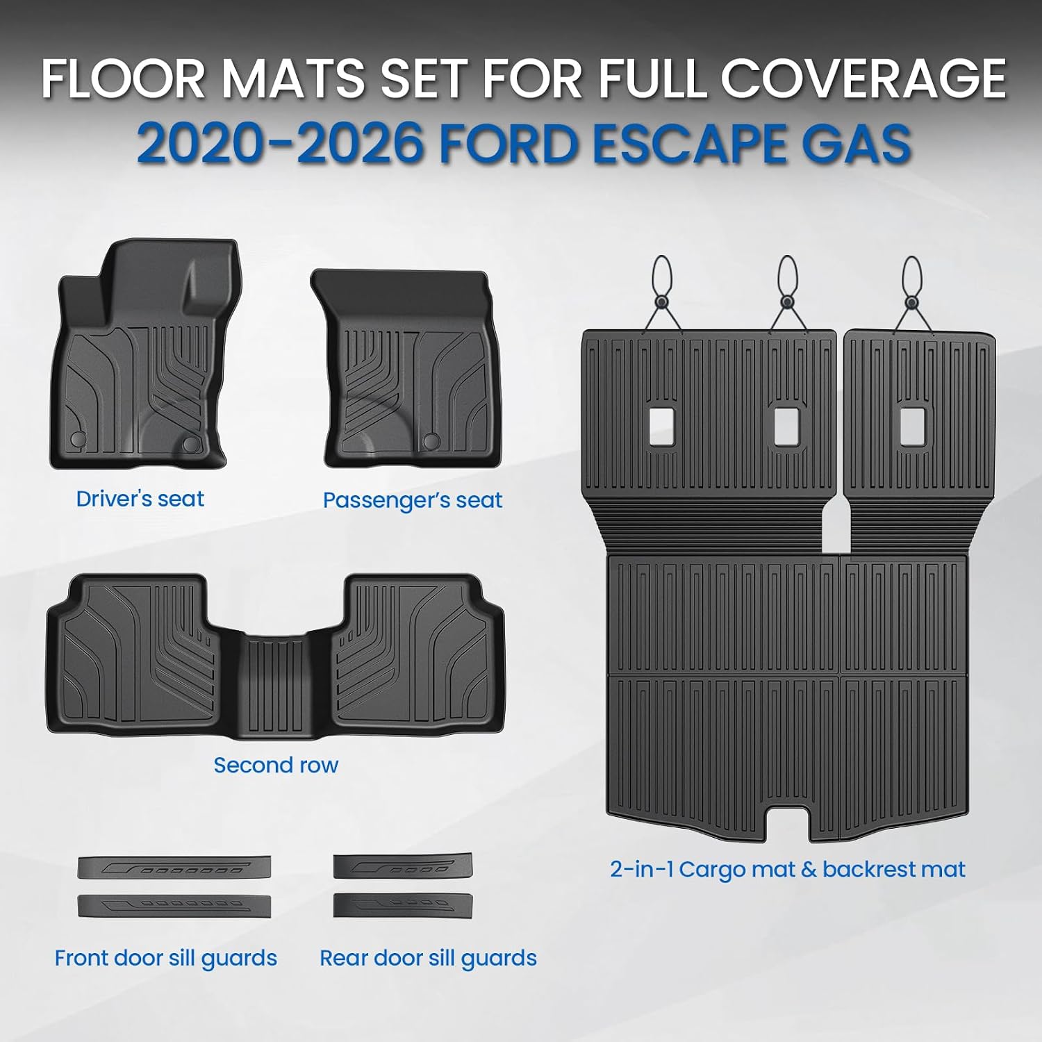 Floor Mats Set for 2020-2026 Ford Escape Gas(Not for Hybrid), All Weather TPE Trunk Mat with Backrest Cargo Liner Door Sill Guards Accessories