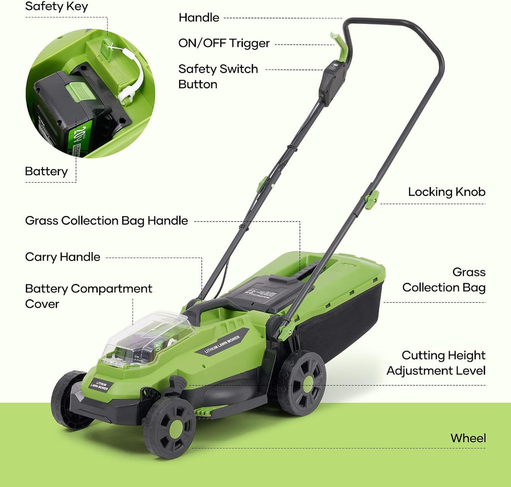 20V Brushless Lawn Mower Cordless,13Inch Electric Lawn Mower with 4.0Ah Battery & Fast Charger, 5 Position Height Adjustment, 8 Gallon Grass Bag, Green