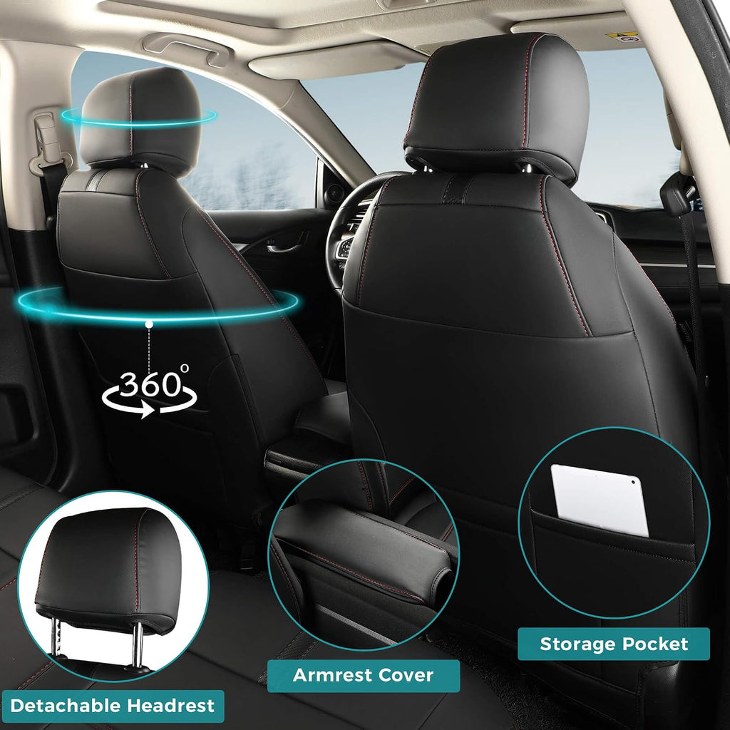 Seat Covers for Honda Civic Sedan LX 2016 2017 2018 2019 2020 2021, Faux Leather Car Seats Cover Full Set Waterproof, Black Red Line (Solid Rear Seatback - No Rear Armrest)