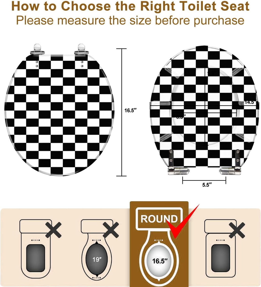 Round Toilet Seat Checkerboard black white for checkers chess featuring square pattern Resin Toilet Seat Quietly Close Quick Release Hinges with Cover Bumpers Decorative Easy to Install Clean
