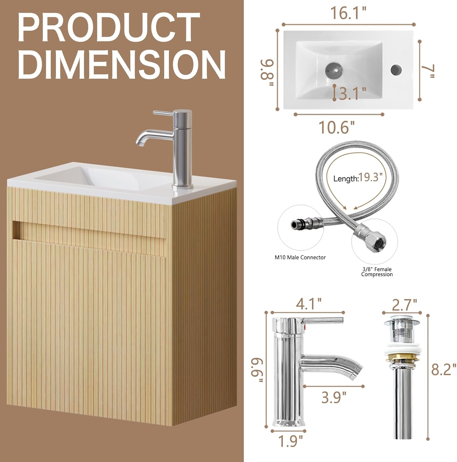 wonline 16' Small Floating Bathroom Vanity Sink Combo, Wall Mounted Narrow Single Cabinet with Resin Basin Sink Top, Water Saving Chrome Faucet & Pop-Up Drain