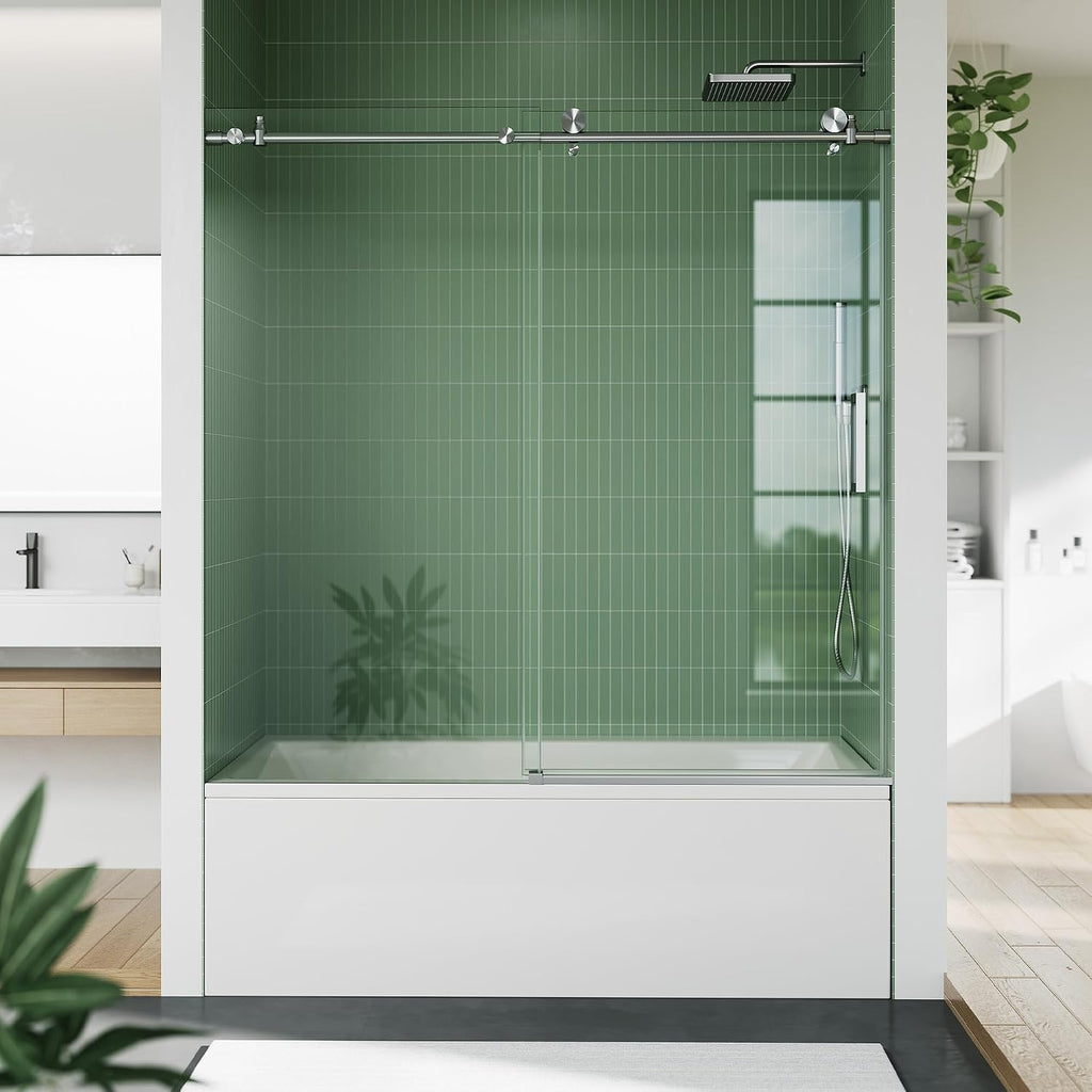 Frameless Bathtub Shower Door 56–60 inch W × 59 inch H, Sliding Tub Door with Fixed Panel, 8mm Tempered Glass, Stainless Steel Round Rail, Adjustable Shower Door for Bathroom