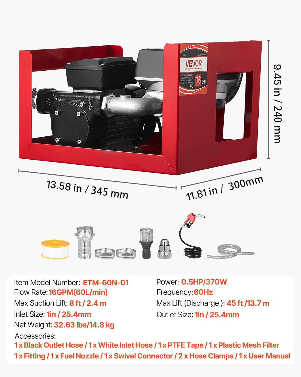 VEVOR Fuel Transfer Pump 110V, 16 GPM 60 L/min, AC Electric Oil Transfer Pump for Diesel Kerosene Biodiesel, with Meter, Auto Fuel Nozzle & 2 Hoses, 45 ft/13.7 m Lift, for Vehicles, Construction Sites