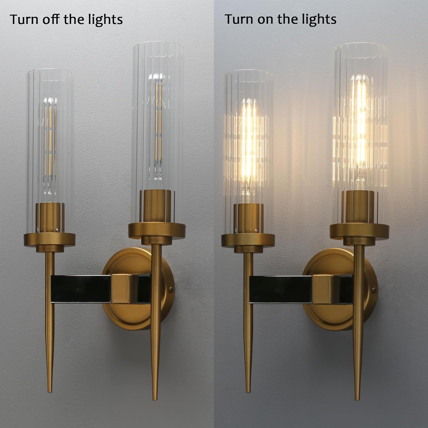 PERMO wall sconces 2 Lights Glod Wall Light Fixtures with 2.8' Cylindrical Clear Glass Shade Brass Double sconces for Living Room Bathroom Corridor Mirror Bedroom